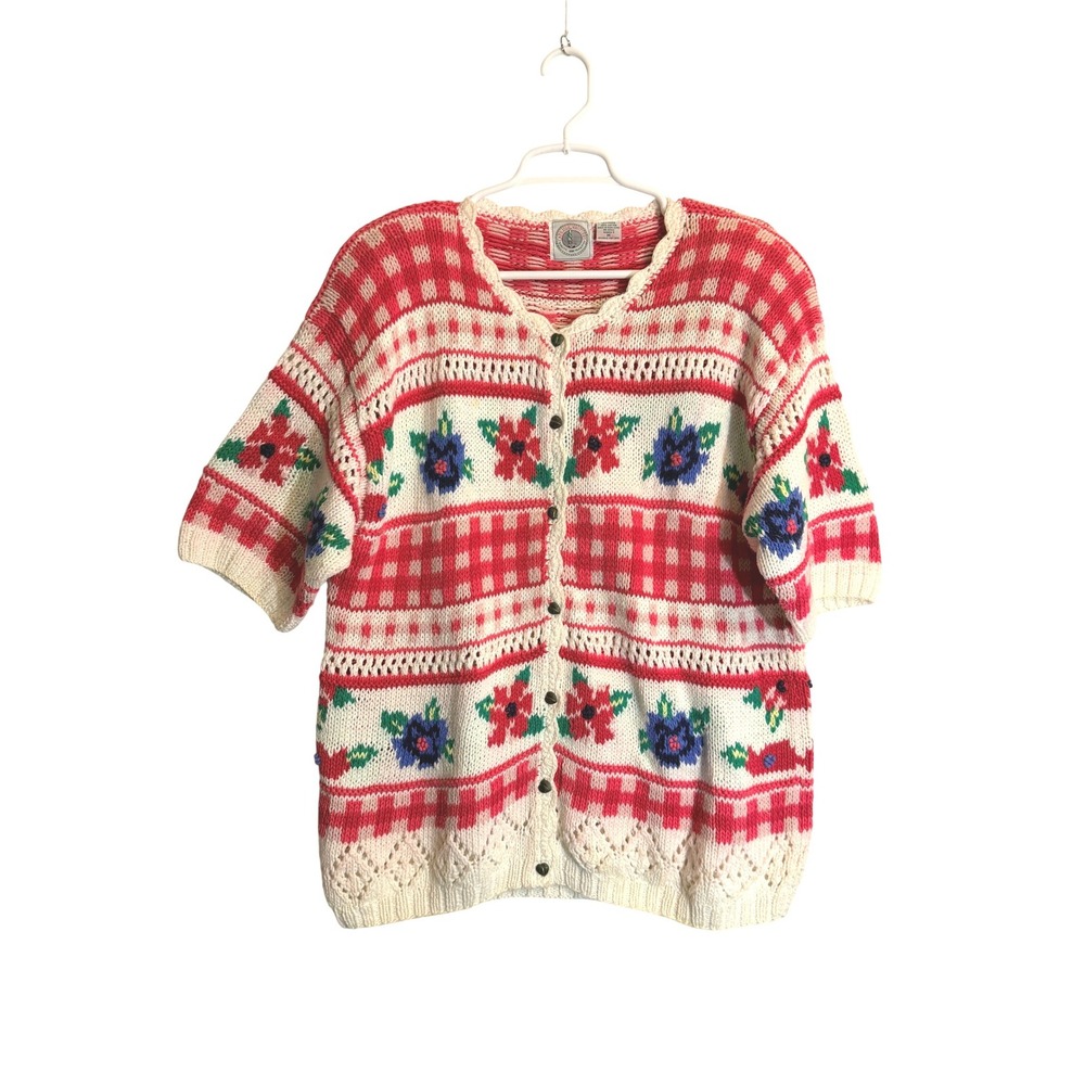 Cream & Red Floral Knit Cardigan Sweater